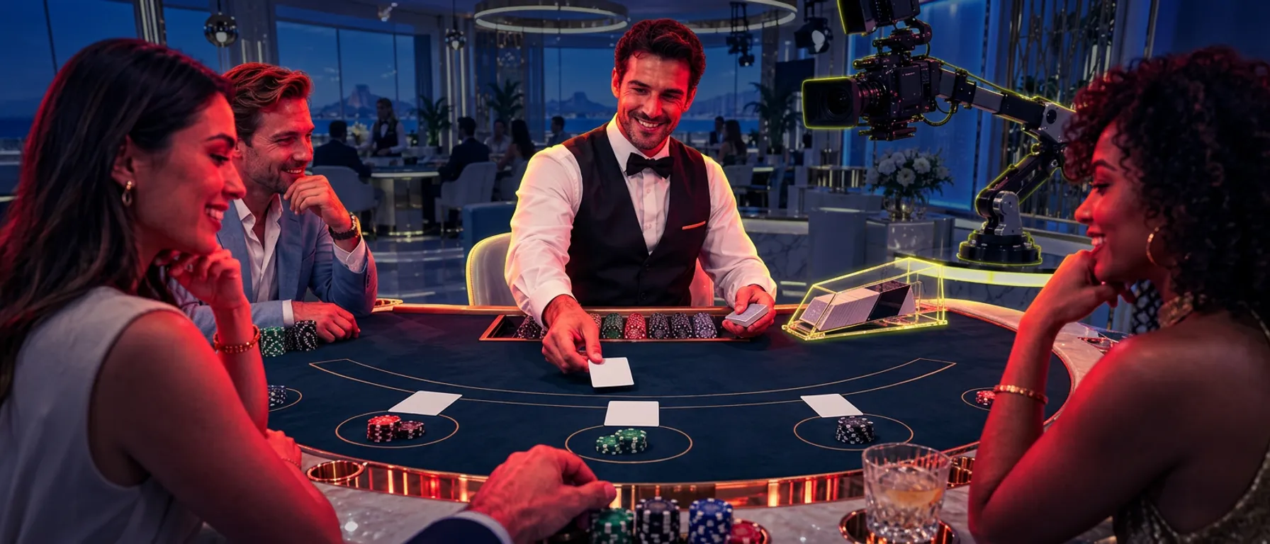 Full-bleed backdrop photograph of a casino environment (tables, live studio or lounge) styled for the brand, behind the review verdict; quiet composition with low-detail areas so text stays readable; never slot machines, reels, an app screen or phone interface